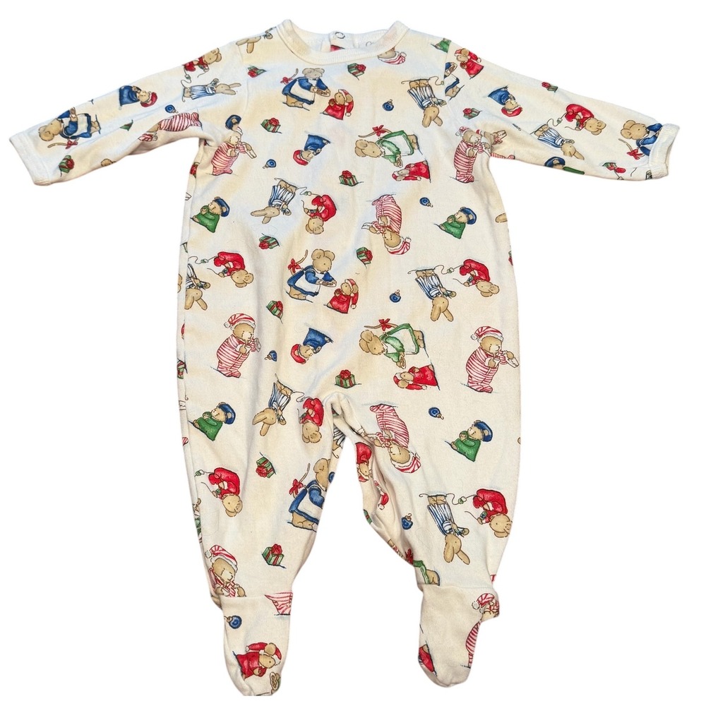 Vintage 90s Carter's Christmas Footed Sleeper 3-6M Teddy Bear Bunny Pajamas USA - Picture 3 of 7